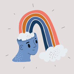 Cartoon vector illustration of a rainbow flowing out of a human head as a metaphor for imagination, creativity, and positive thinking