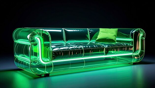 Neon green inflatable couch with transparent glossy surface, glowing in dark setting, retro-futuristic furniture design.