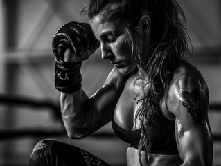 Determined woman boxer resting after intense workout, showcasing strength and resilience, perfect for fitness and empowerment campaigns