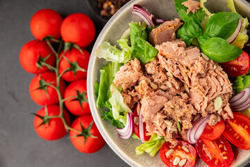Tuna salad canned fish, tomato, green leaf salad vegetable dish natural tasty snack fresh gourmet food background on the table rustic top view copy space keto paleo diet vegetarian food pescetarian