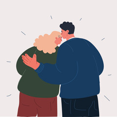 Cartoon vector illustration of a man and woman seen from behind, he kisses her head and gently embraces her as a metaphor for love, trust, and protection