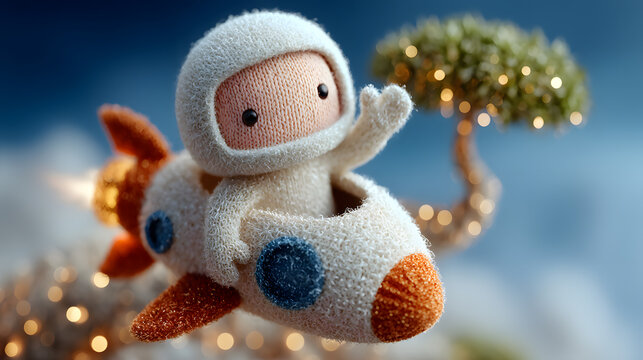 Cute Knitted Astronaut Character Toy Riding a Rocket Ship on a Dreamy Adventure in Space