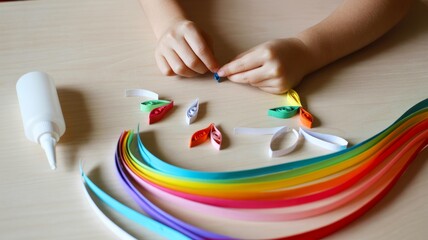 A child's hands craft colorful paper shapes using glue and vibrant ribbons on a wooden table, showcasing creativity and artistic play.