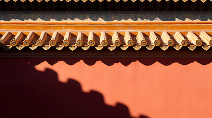 Detailed architectural shot of a traditional Asian structure with terracotta walls, ornate roof tiles, and intricate shadow patterns creating depth and texture.