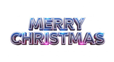 Fototapeta premium Shiny 3D 'Merry Christmas' text with a metallic chrome effect and colorful blue and pink light reflections, isolated on a white background for a festive celebration