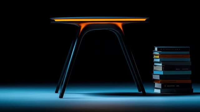 Futuristic dark table with glowing orange strip, beside a stack of books in dim blue light