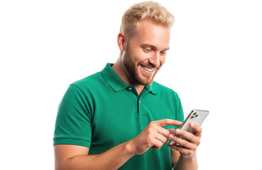 Fototapeta premium A young, happy man with blond hair and a beard, wearing a green polo shirt, smiling while looking at his smartphone and touching the screen, isolated on transparent background