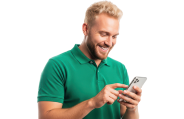 A young, happy man with blond hair and a beard, wearing a green polo shirt, smiling while looking at his smartphone and touching the screen, isolated on transparent background