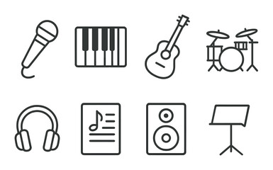 Musical instruments icons set: microphone, keyboard, guitar, drums, headphones, sheet music, speaker, stand