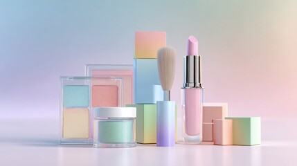 Ultra realistic photo of skincare and makeup products in colorful packaging grouped together on a soft pastel gradient background, clean beauty