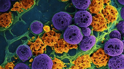 Ultra high resolution electron microscopy of pancreatic cancer cells invading surrounding healthy tissue highlighting abnormal cell membranes dense nuclei