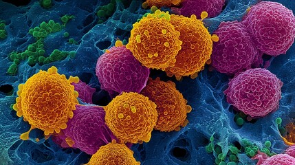 Ultra high resolution electron microscopy of pancreatic cancer cells invading surrounding healthy tissue highlighting abnormal cell membranes dense nuclei