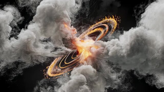 A fiery, ring-shaped object explodes amidst billowing white smoke and a dark, contrasting background