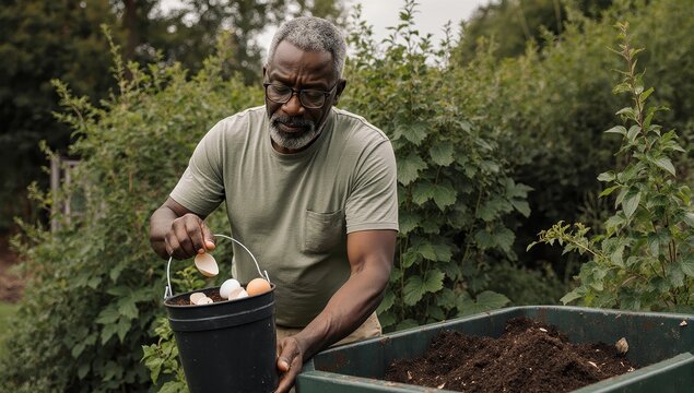 A thoughtful African American man in his 50s, with short grey hair and glasses, engages in sustainable living by adding kitchen scraps like eggshells and coffee grounds