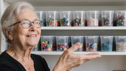 A gently smiling senior woman proudly displays a shelf filled with creatively repurposed plastic containers, now neatly organizing craft supplies