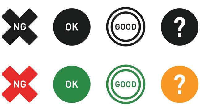 Vector art of set of colorful icons representing feedback options, including ok, good, ng, and question mark