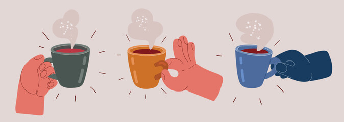 Cartoon vector illustration collection of people’s hands holding mugs of coffee or tea as a metaphor for warmth, connection, and shared moments