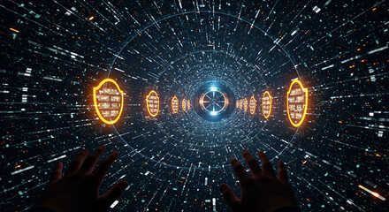 Experience an immersive journey through a futuristic digital data tunnel, illuminated by glowing security shields, representing protected data streams.