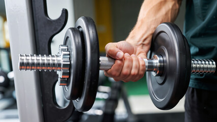 Fototapeta premium Closeup of a Hand Holding a Dumbbell in a Gym background