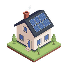 Isometric illustration of a modern house with solar panels on the roof, symbolizing renewable energy and sustainable living