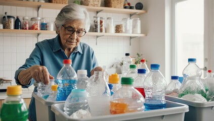 A vibrant, realistic scene captures a diligent senior Latina woman actively engaged in home recycling