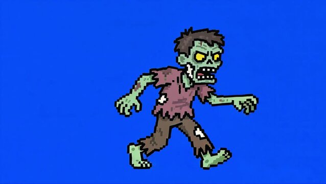 8-bit Pixel zombie cartoon character walking animation on blue chroma key background, ideal for Halloween, spooky retro games, or green screen compositing in creative video projects.
