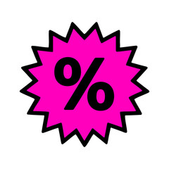 Bright pink starburst shape with a black percentage symbol on a solid black background representing sales and discounts