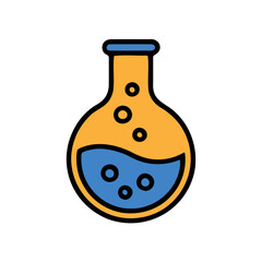 Stylized flat icon of a round bottom flask containing blue liquid with bubbles and a blue rim against a black background