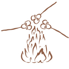 Line Art of Campfire with Marshmallows Illustration. Hand-Drawn Doodle.