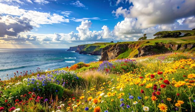 Cornwall Coastline in Bloom: A Vibrant Landscape of Cliffs and Flowers.