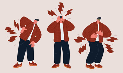 Cartoon vector illustration of a man in three scenes experiencing back, head, and stomach pain as a metaphor for stress, health challenges, and human vulnerability
