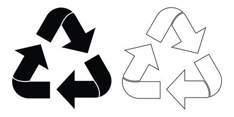 Recycle icon with three rotating arrows. Fill and outline symbol isolated on white background. Recycle icons for sustainability, waste management, environmental protection. Vector illustration.