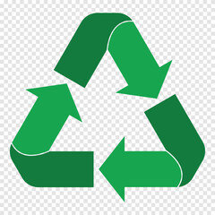 Recycle icon with three rotating arrows. Green recycle symbol isolated on transparent background. Recycle icon for sustainability, waste management, environmental protection. Vector illustration.