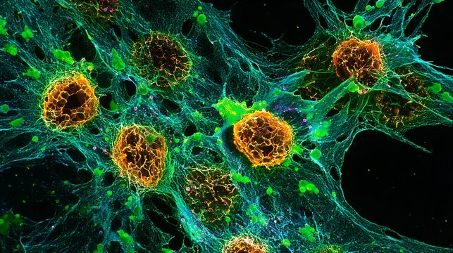 Ultra detailed fluorescence image of bone cancer osteosarcoma cells highlighting irregular osteoid formation aggressive growth patterns