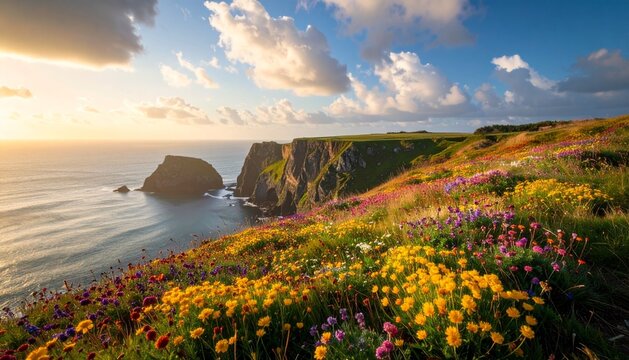 Coastal cliffs adorned with wildflowers at sunset in Cornwall England.