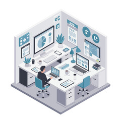 Isometric view of a modern office workspace with multiple computers and charts on display, symbolizing business and productivity