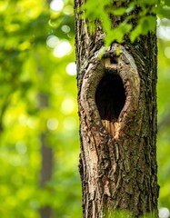 Tree trunk with a hole, surrounded by green foliage