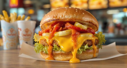 Close-up of sesame bun burger with toppings and melted cheese on paper