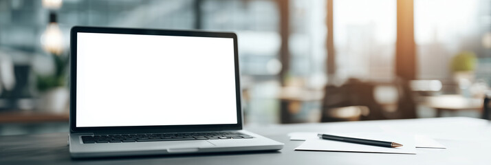 An open laptop with a blank white screen on a modern office desk with papers and a pen, designed for mockups. 