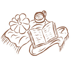 Line Art of Blanket with Book and Pumpkin Illustration. Hand-Drawn Doodle.