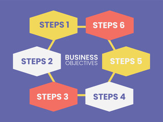 Business infographic presentation template with 6 steps. Modern workflow diagram and process chart design for corporate strategy, data visualization, and timeline layout. Vector illustration