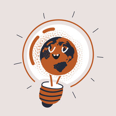 Cartoon vector illustration of a smiling globe inside a light bulb as a metaphor for global harmony, bright ideas, and environmental care