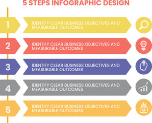 Infographic presentation template with 5 steps. Process chart and workflow layout for corporate strategy, data visualization, and timeline design. Vector illustration