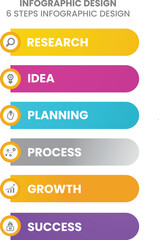 Business infographic presentation template with 6 steps. Modern workflow diagram and process chart design for corporate strategy, data visualization, and timeline layout. Vector illustration