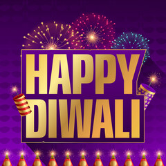 Happy Diwali celebration with a glowing diya lamp, fireworks, and rangoli design on a pink background, wishing you a joyous and prosperous festival of lights