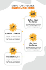 Online marketing 4 steps infographic template. Digital marketing strategy presentation design with numbered process layout, business timeline, and infographic elements. Vector illustration