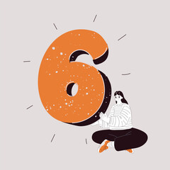 Cartoon vector illustration of a woman holding number six as a metaphor for harmony, balance, and new beginnings
