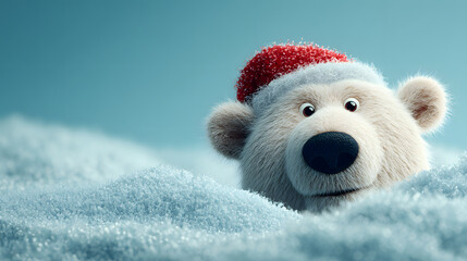Cute Polar Bear Character with Santa Hat in Snow for Christmas Holiday Winter Greeting