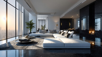 Luxurious super modern penthouse living room at sunset. Sleek minimalist design with dramatic black reflective accent walls contrasting with matte white walls and sophisticated white crown molding