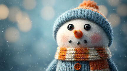 Cute Snowman Toy with Hat and Scarf in Snow for Christmas Holiday Winter Celebration